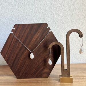 Sterling Silver Pearl‎ Necklace and Earring Hoop Set Simple Classic Minimalist